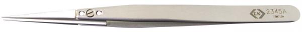 The image shows a narrow, shiny stainless steel tweezer. It has two long, pointed tips that are used for grasping small objects. The edges are sharp and precise.