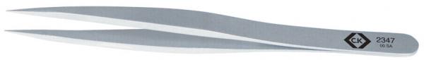 The image shows a straight, slender metal tweezer. It has two pointed ends that can open and close. The surface is silvery and smooth.