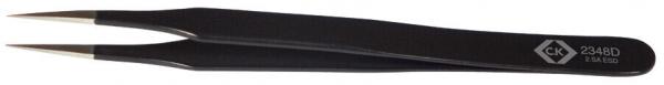 The image shows a black tweezer with narrow, pointed tips. It has an ergonomic shape to enable precise gripping. There is a marking visible on the side.
