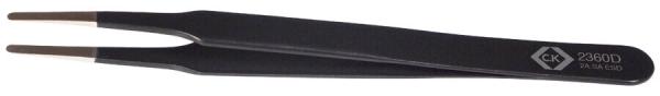 The image shows a straight pair of pliers. It is black, has two handle-like parts, and a flat tip suitable for grasping small objects. The handle is slim and lightweight.