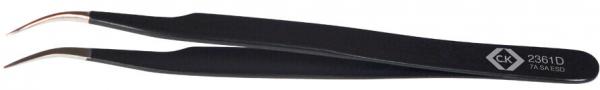 The image shows a black tweezer with curved tips. The surface is smooth, and a model number is engraved on one of the handles. It is designed for precise gripping.