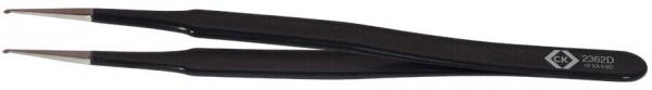 The image shows a black tweezer with fine, pointed tips. It has a smooth surface and is slightly curved to enable precise gripping. A logo is engraved on the side.