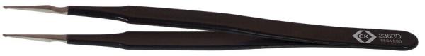 The image shows a black tweezer with a narrow, pointed opening at both ends. It is slender and has a smooth surface that feels good in the hand.