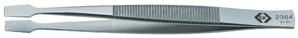 It is a straight, narrow tweezer made of shiny metal. The handles are ribbed for better grip, and it has a straight tip. A logo and a number are embossed.