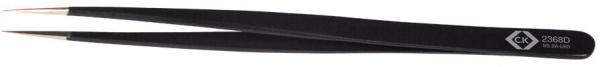 The image shows a black tweezer with pointed tips. It has a narrow, elongated shape and is made of metal with a matte finish. There is a logo engraved on the handle.