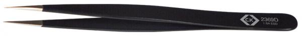 The image shows a black tweezer with narrow tips. It has a smooth surface and is slightly curved to enable precise gripping.