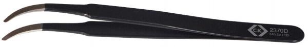 The image shows a black tweezer with slightly curved tips. It has a matte finish and a precise, fine construction, ideal for gripping small objects.