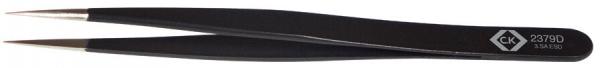 The image shows a black tweezer with narrow, pointed tips. It is slightly curved and has a smooth surface. On one side, there is a serial number.