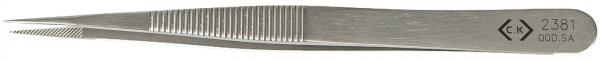 The image shows a narrow, metallic tweezer with two pointed ends and a ridged grip for better hold. The surface is shiny and reflects light.