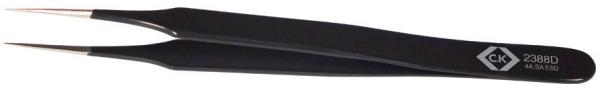 The image shows a black tweezer with long, narrow tips. It has a matte finish and a slightly ridged handle. The tips are sharp and slightly angled.