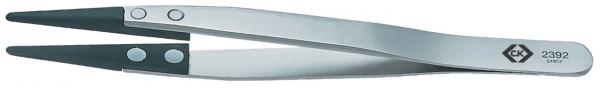 The image shows a stainless steel tweezer with long, narrow, pointed tips. The tweezer has a matte and smooth surface, with the handles coated in black plastic.