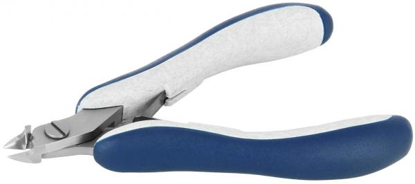The image shows a curved nail or wire cutter pliers. The handles are blue with a soft, gray rubber coating for better grip. The blades are made of shiny metal.