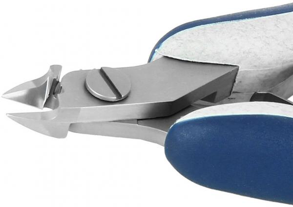 The image shows a pair of pliers with a sharp, pointed cutting edge. The handle is blue, and the pliers are made of shiny metal with a round rotating mechanism in the center.