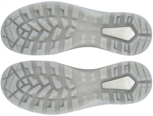 The image displays the sole of a shoe from above. It is predominantly light and transparent with a textured pattern that provides better grip. In the center, there is a distinctive feature in the shape of a small, light rectangle.