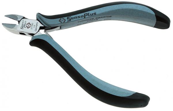 Es handelt sich um eine seitliche Zange mit grauen Metallteilen und gummierten, schwarzen Griffen. Die Zange hat eine spitz zulaufende Schneide, ideal zum Schneiden feiner Materialien.