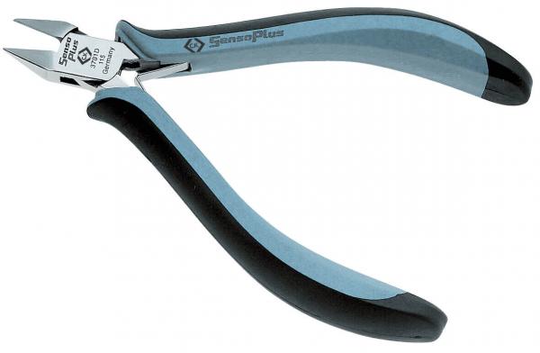 Das Bild zeigt eine kleine, ergonomisch geformte Zange mit blauen und schwarzen Griffen. Die Schneide ist präzise und scharf, ideal für feine Arbeiten.