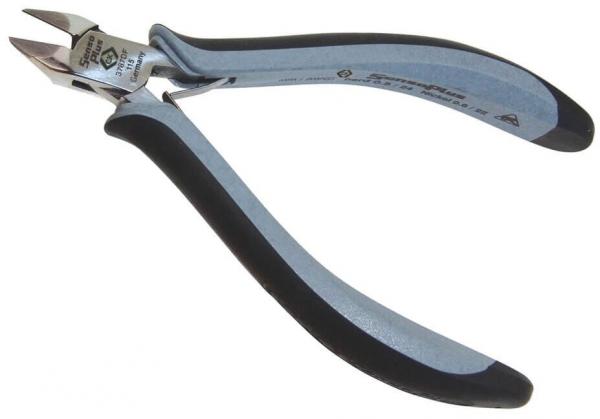 Das Bild zeigt eine Zange mit einem ergonomischen, blauen und schwarzen Griff. Die Spitzen sind scharf und leicht gebogen, ideal zum Schneiden. Sie wirkt robust und präzise.