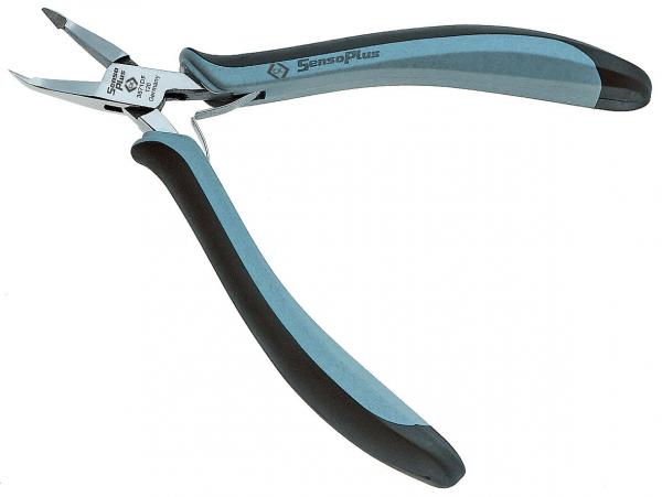 The image shows a special pair of pliers with narrow, pointed jaws and ergonomic, blue-black handles. It is ideal for precise tasks, such as cutting or gripping.