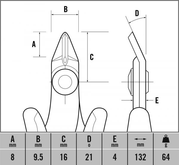 The image displays technical drawings of a tool with various dimensions. The dimensions are A, B, C, D, and E in millimeters, with a total weight of 64 grams.