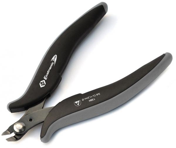 Das Bild zeigt eine Zange mit langen, geschwungenen Griffen. Die Griffe sind schwarz und grau, während die Schneide am Ende spitz und metallisch ist. Die Zange wirkt ergonomisch.