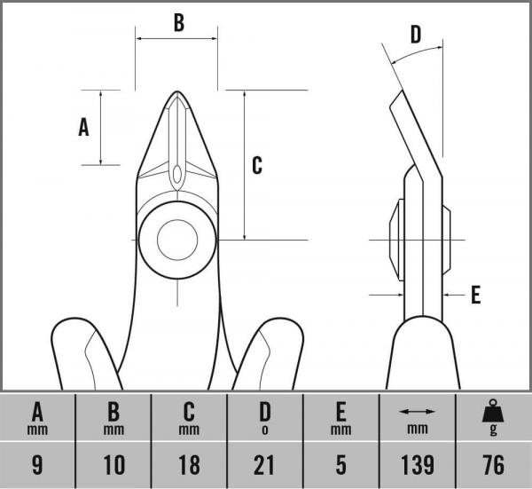 The image shows a technical drawing of a tool. It includes dimensions in millimeters for various parts: A, B, C, D, and E. Below, the dimensions are listed, along with the weight in grams.