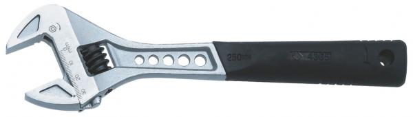The image shows an adjustable metal wrench. It has a smooth, shiny surface and a black, non-slip grip. The head has an open and a closed side.