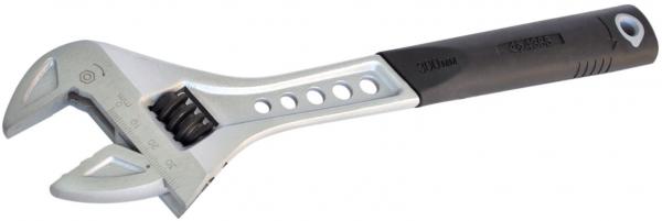 The image shows an adjustable wrench. It has a metallic head with a toothed opening and a gray, rubberized grip area for better hold.