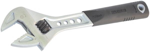 The image shows an adjustable wrench. It has a metallic head with two gripping jaws and a black, non-slip handle. The wrench is sturdy and ergonomically designed.