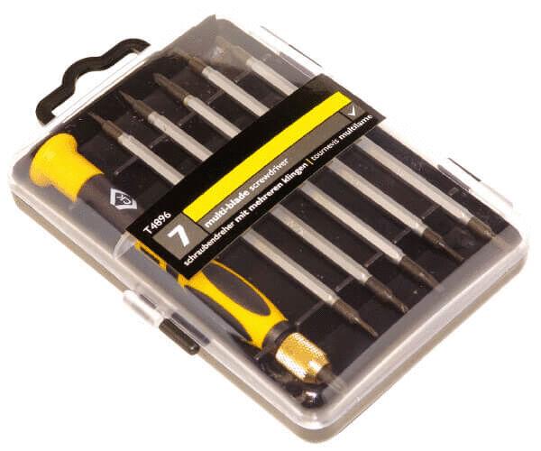 The image shows a practical screwdriver set in a transparent plastic container. The set includes several different screwdrivers with a yellow handle and metallic tips.