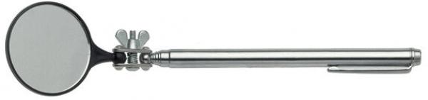 The image shows a long, silver handle with a round mirror at one end. The handle has a mount that allows the mirror to be rotated to achieve different viewing angles.