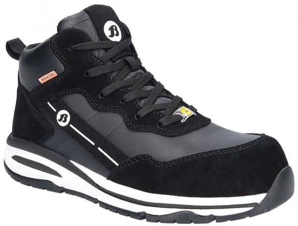 Der Schuh ist ein schwarzer, schnürbarer Halbschuh mit einer gepolsterten Spitze und einem robusten Materialmix aus Leder und Textil. Die Sohle ist dick und bietet guten Halt.