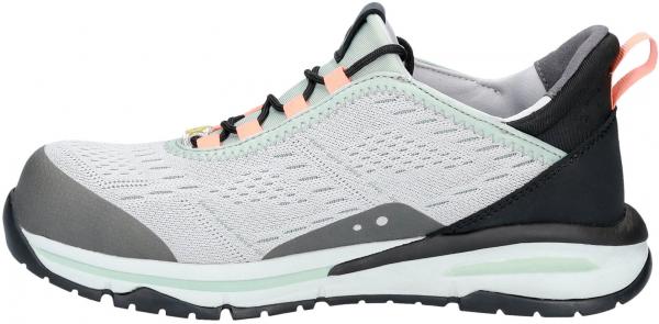 Der Schuh ist ein sportlicher Sneaker in Grau und Mintgrün, mit einer leichten, atmungsaktiven Oberfläche. Er hat eine stabile Sohle und farbige Schnürsenkel für zusätzlichen Halt.