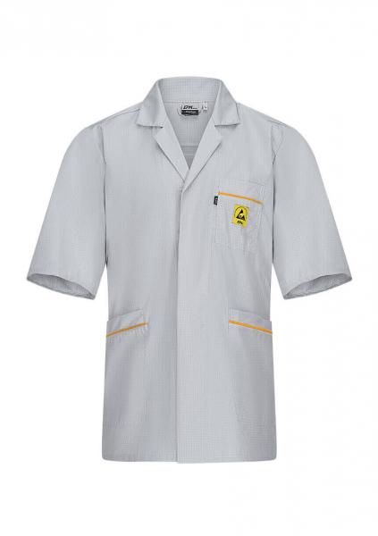 The image shows a gray coat with short sleeves. It features a collar, two side pockets, and a chest pocket. Yellow details are added to the pockets and the logo.