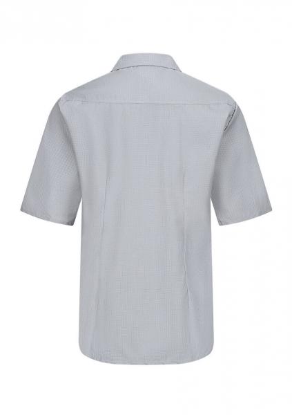 The image shows a short, grey shirt with a classic cut collar. The back is plain, without any patterns or embellishments. The sleeves are short.