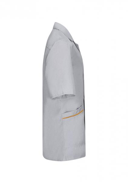 The image shows a gray, short-sleeved shirt with a classic cut. It has a small collar and a pocket decorated with an orange stripe.