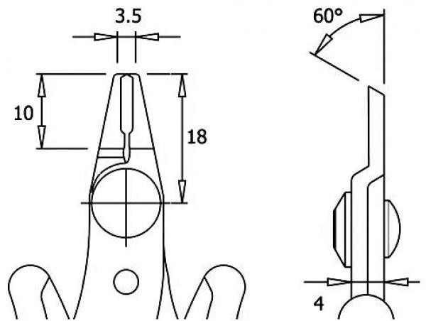 Das Bild zeigt technische Zeichnungen eines Teils. Links ist die Vorderansicht, rechts die Seitenansicht. Maße sind angegeben: Breite 3,5 mm, Höhe 18 mm, und ein 60°-Winkel.