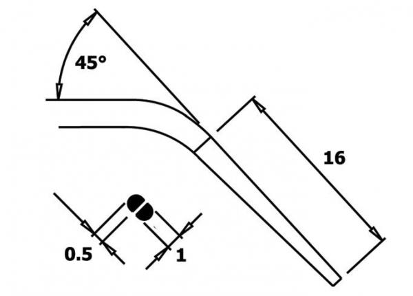 The image shows a technical drawing of a curved pipe. It has a 45° angle and a length of 16 units. Measurements of 0.5 and 1 unit are indicated.