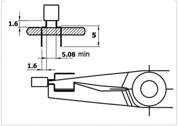 The image displays technical drawings of a component with various views. Dimensions are provided: e.g., 1.6 and 5 mm. There is a screw, a round recess, and a side view of the part.