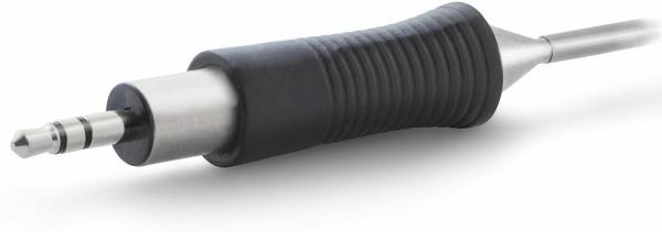 The image shows a jack plug with a metallic end and a rubberized, non-slip grip. It has three contact points and is attached to a thin cable.