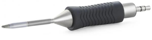 The image shows a narrow, metallic pen with a pointed tip. The grip is rubberized and has a ribbed surface for better hold. A connector is visible at the end.