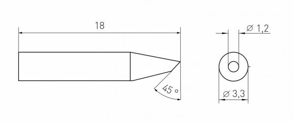 The image displays a technical drawing of an object. On the left is the side view featuring a long, pointed end and a width of 18 mm. On the right is the top view with a diameter of 3.3 mm and an opening of 1.2 mm.