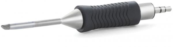 The image shows a tool with a sharp, silver metal tip. The handle is black, rubberized, and has grooves for better grip. It lies horizontally on a white background.