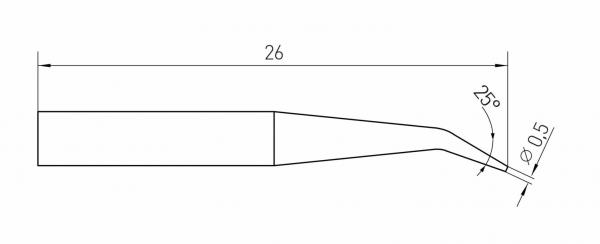 The image displays a technical drawing of a tool. It has a length of 26 mm, with a sharp, hook-like shape that has a diameter of 0.5 mm and extends at an angle of 25°.