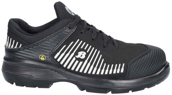 Der Schuh ist schwarz mit grauen und weißen Streifen auf der Seite. Er hat eine gepolsterte Zunge und eine rutschfeste Sohle, die stabil und bequem wirkt. Ideal für sportliche Aktivitäten.