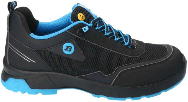Der Schuh ist sportlich und modern, überwiegend schwarz mit blauen Akzenten. Er hat eine atmungsaktive Oberfläche, Schnürsenkel und eine rutschfeste Sohle. Ideal für Freizeitaktivitäten.