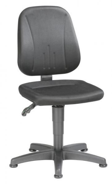 This is a simple, swivel office chair with a black cover. The seat is flat, and the backrest has an ergonomic shape. The chair has five wheels and an adjustable height.
