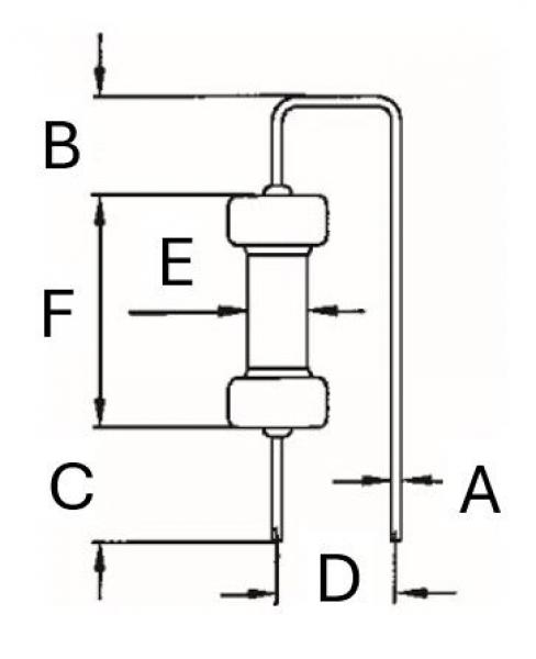Das Bild zeigt eine technische Zeichnung eines Bauteils mit verschiedenen Maßen. Es gibt eine zylindrische Mitte mit zwei Enden, die unterschiedliche Längen (A bis F) aufweisen.