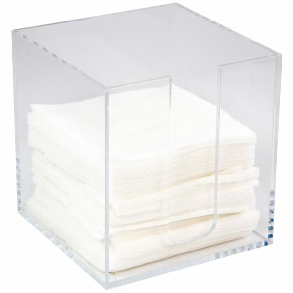 The image shows a transparent, square container filled with white napkins. The container has an open front side, allowing the napkins to be easily removed.