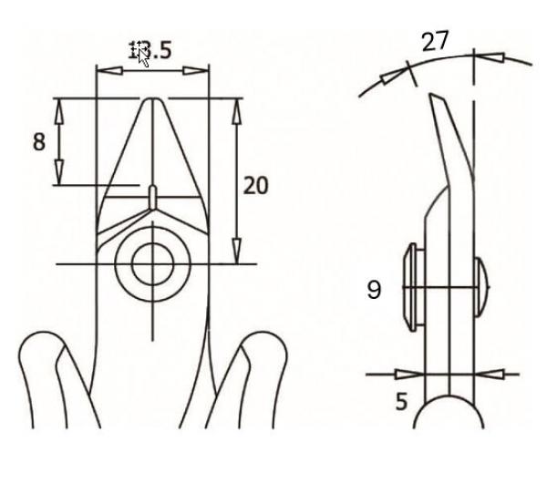 The image displays technical drawings of a tool or a device. It includes dimensions and proportions such as widths, heights, and radii. On the left is a front view, on the right a side view.