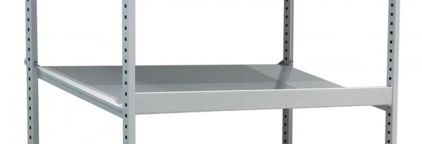 The image displays a simple metal shelf in silver color with multiple shelves. It has straight, vertical support posts and a plain, functional shape.